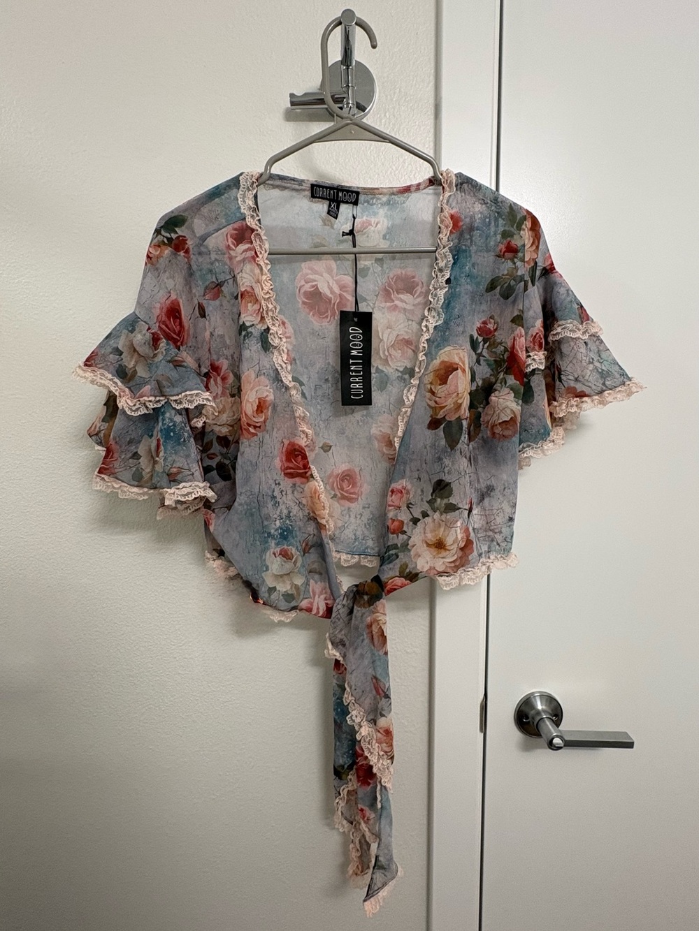 Dolls Kill Blue Floral Tie-Front Sheer Bolero Wrap
